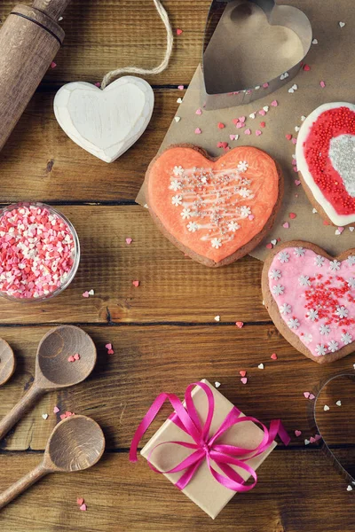 Lebkuchen Und Zubehör Auf Holzgrund Valentinstag Konzept — Stockfoto
