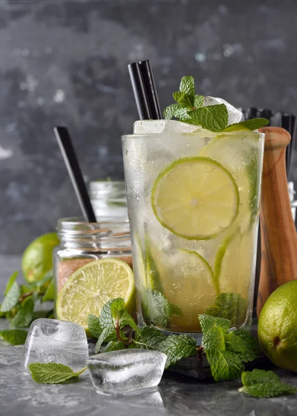 Verse Cocktail Met Munt Limoen Een Grijze Achtergrond — Stockfoto