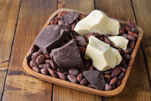 Cacaomassa, stukjes cacaobonen en cacaoboter — Stockfoto