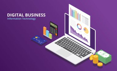 Online dijital iş izometrik stil ve laptop ve kızdırma renk ve boş alan metin vektör çizim ile