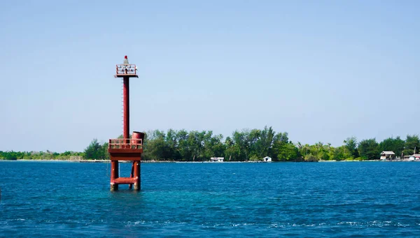 Red Lighthouse Deep Blue Dark Sea Green Island Background Karimun — Stock Photo, Image