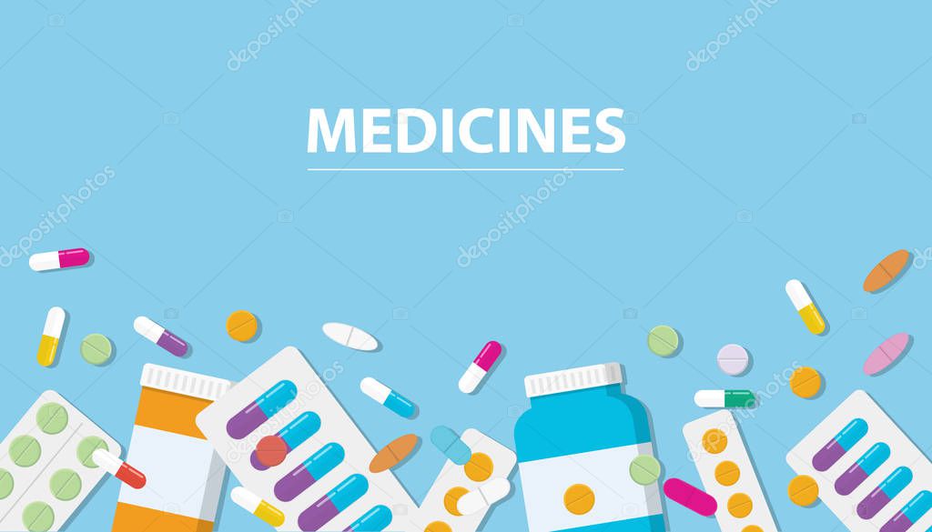 medicines drug collection with banner free space with blue background vector illustration
