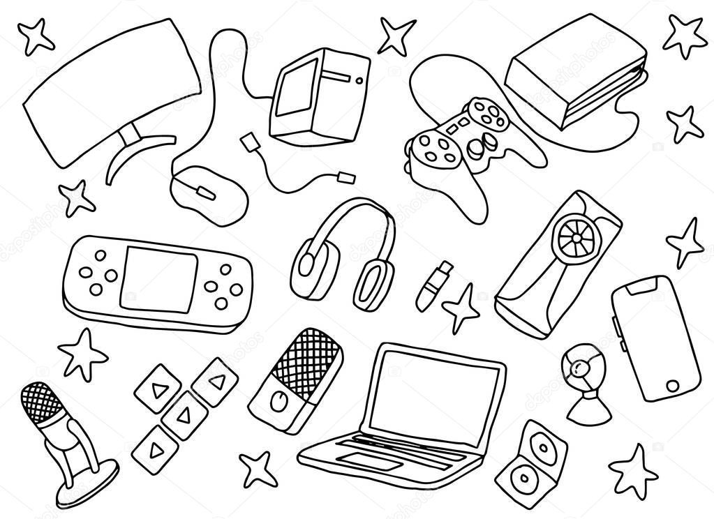 doodle games game art with gaming tools hardware and black and white color vector illustration