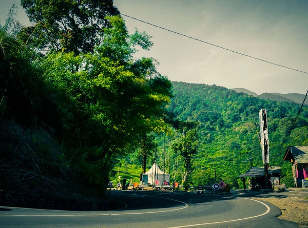 Curva Asfalto Estrada Com Floresta Verde Montanha Lateral Puncak Bogor — Fotografia de Stock