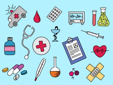 renk renk tam tasarım elle çizilmiş vektör çizim ile sağlık doodle