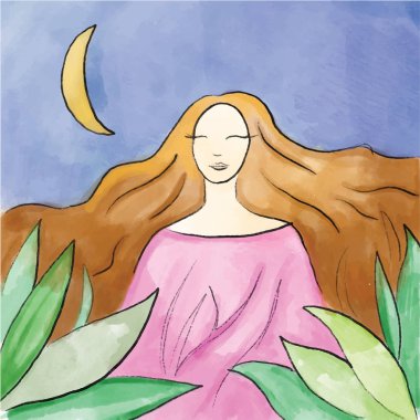 yeşil yaprak ve uzun saç - suluboya vektör çizim ile gece bir kadın Bayan