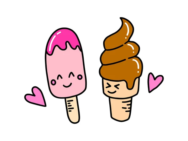 Love Couple Valentine Day Ice Cream Cartoon Character Illustration Pink — Stock Vector
