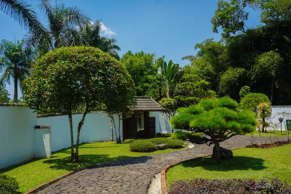 Uma Estrada Japonesa Caminho Jardim Com Estrutura Pedra Rocha Com — Fotografia de Stock