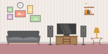 sıcak oturma odası konsepti ile kanepe tv ve kitap raf - vektör çizim
