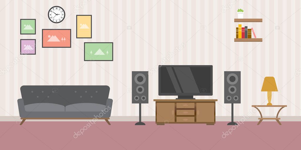 warm living room concept with sofa tv and books rack - vector illustration