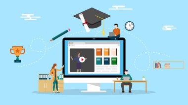 Online Eğitim kavramı takım çalışması ile birlikte ebook ve video - vektör çizim