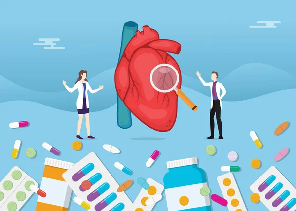 Medicina del cuore umano pillole per la salute trattamento capsula farmaco con analisi del medico - vettore — Vettoriale Stock