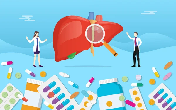 Medicina do fígado humano pílulas de saúde tratamento da cápsula de drogas com análise médica - vetor — Vetor de Stock