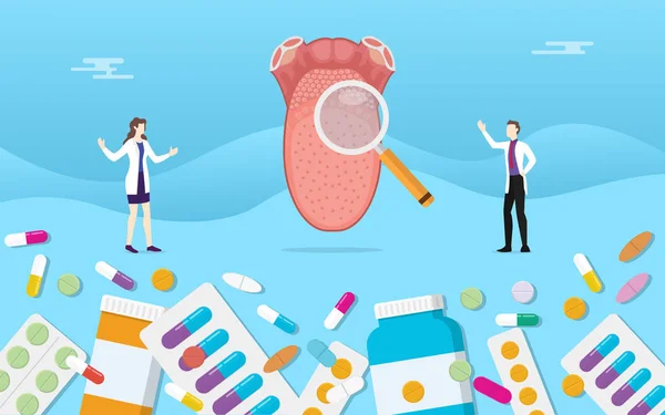 Menselijke tong geneeskunde gezondheid pillen capsule drugsbehandeling met arts analyse - vector — Stockvector