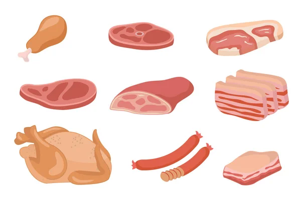 Conjunto de colección de carne y embutidos con color plano moderno y color rojo - vector — Archivo Imágenes Vectoriales