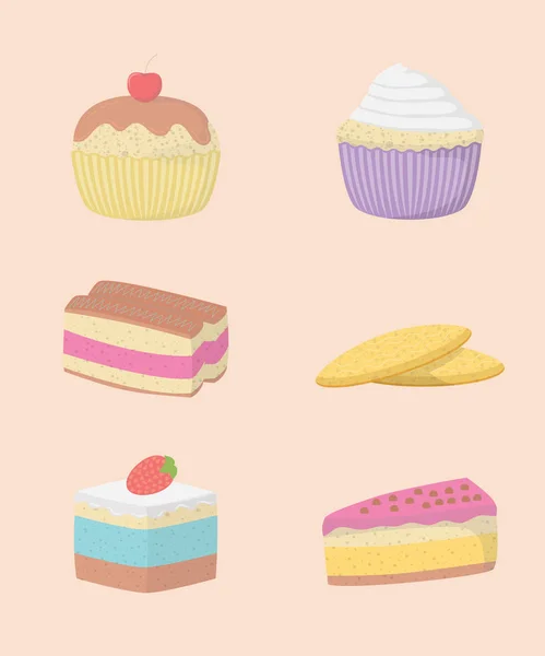 Torte e dolci icone decorative collezione set con colori caldi e vari tipi - vettore — Vettoriale Stock
