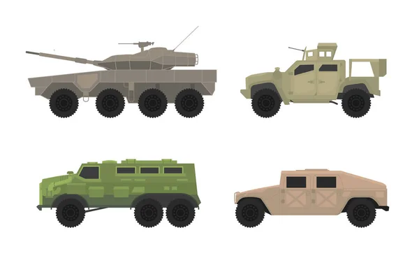Transporte de vehículos de transporte personal apc en la colección conjunto de guerra militar - vector — Vector de stock