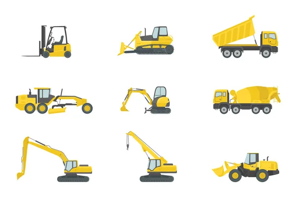 Sarı renk ve çeşitli tip ile ağır kamyon inşaat seti koleksiyonları - vektör — Stok Vektör