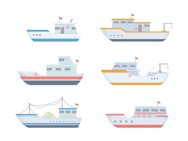 Colección de barcos de pesca con varios tamaños y formas con estilo plano moderno y color - vector — Vector de stock