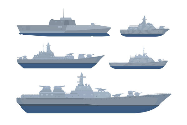 war ship set collection pack with various model and size with modern style and grey black color - vector