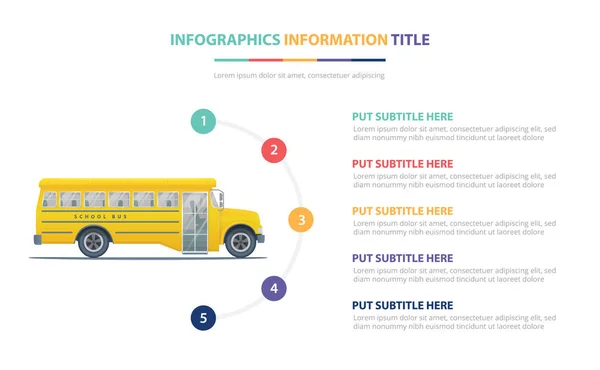 School bus infographic template concept with five points list and various color with clean modern white background - vector — Stock Vector