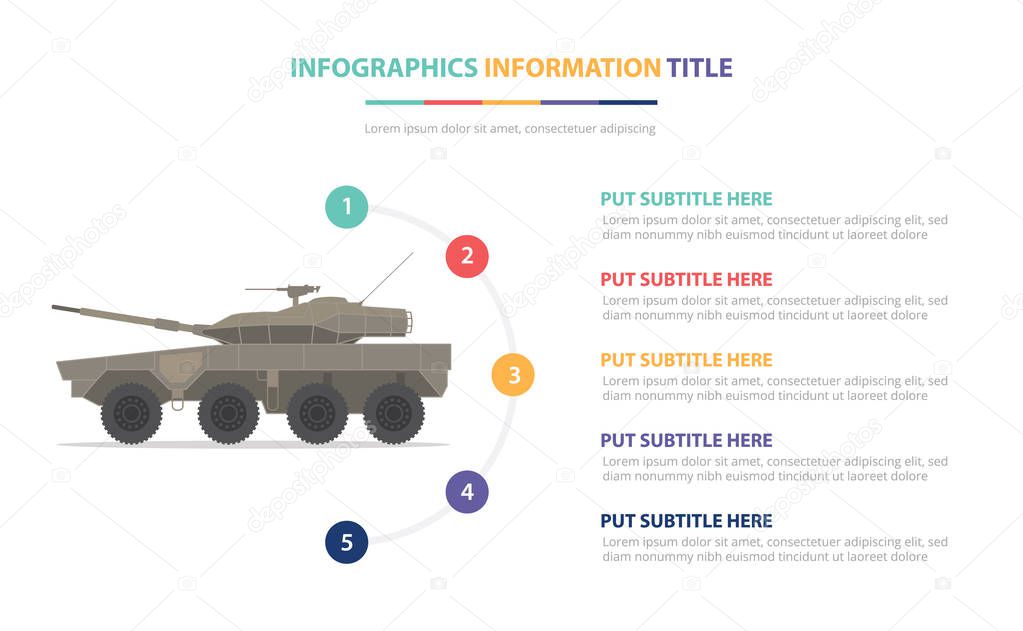 light medium tank infographic template concept with five points list and various color with clean modern white background - vector