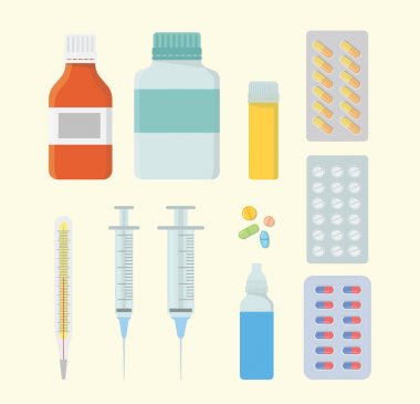 şırınga ve hap kapsül ile çeşitli şekil ve model ile ilaç sağlık seti toplama - vektör