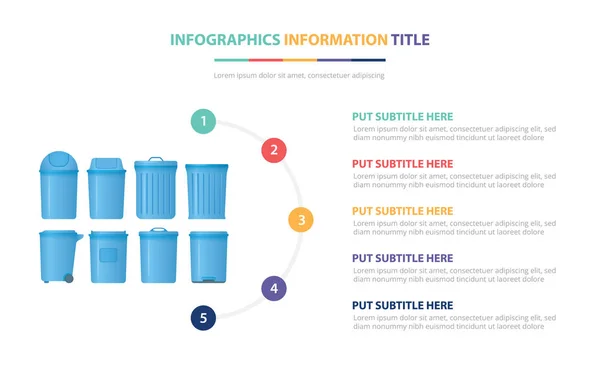 Papierkorb-Sammlung Infografik-Vorlage-Konzept mit fünf Punkten Liste und verschiedenen Farben mit sauberem modernen weißen Hintergrund - Vektor — Stockvektor