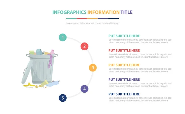 Basura bin concepto de plantilla infografía de basura con cinco puntos de lista y varios colores con fondo blanco moderno limpio - vector — Vector de stock