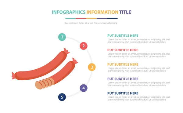 Concepto de plantilla de infografía de salchichas con cinco puntos de lista y varios colores con fondo blanco moderno limpio - vector — Vector de stock