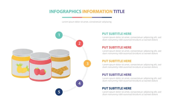 Chocolate fresa mermelada infografía plantilla concepto con cinco puntos de lista y varios colores con fondo blanco moderno limpio - vector — Vector de stock