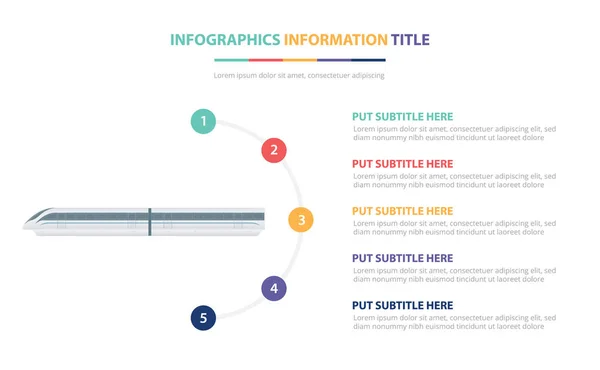 Concepto de plantilla de infografía de tren de alta velocidad con cinco puntos de lista y varios colores con fondo blanco moderno limpio - vector — Vector de stock