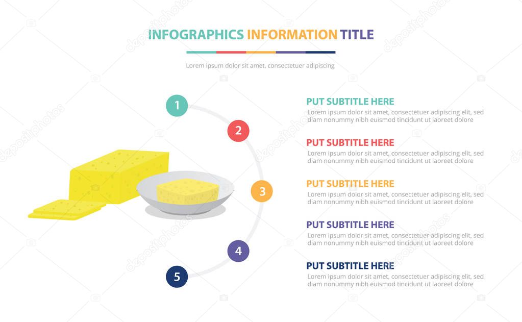 cheese diary infographic template concept with five points list and various color with clean modern white background - vector