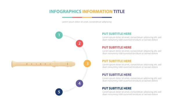 Concepto de plantilla de infografía de plástico de flauta con cinco puntos de lista y varios colores con fondo blanco moderno limpio - vector — Vector de stock