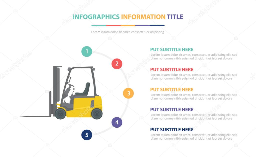 forklift infographic template concept with five points list and various color with clean modern white background - vector
