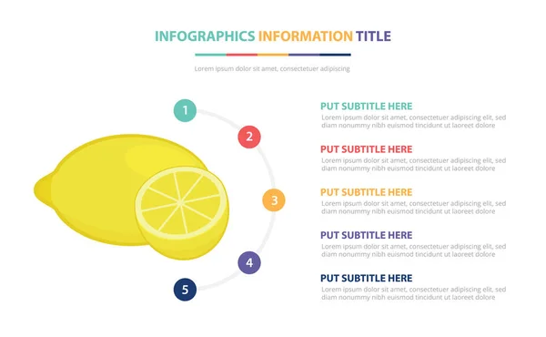 Concepto de plantilla de infografía de limón con cinco puntos de lista y varios colores con fondo blanco moderno limpio - vector — Vector de stock