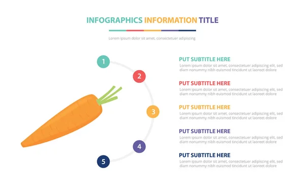 Zanahoria naranja concepto de plantilla de infografía con cinco puntos de lista y varios colores con fondo blanco moderno limpio - vector — Vector de stock