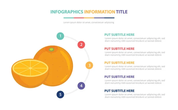 Concepto de plantilla de infografía de fruta naranja con cinco puntos de lista y varios colores con fondo blanco moderno limpio - vector — Vector de stock