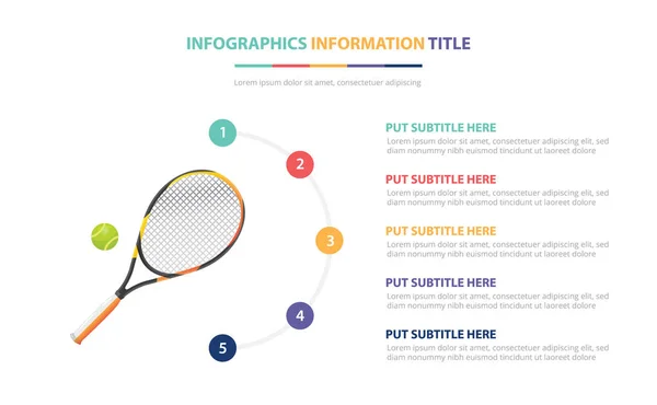 Concepto de plantilla de infografía de tenis con cinco puntos de lista y varios colores con fondo blanco moderno limpio - vector — Vector de stock