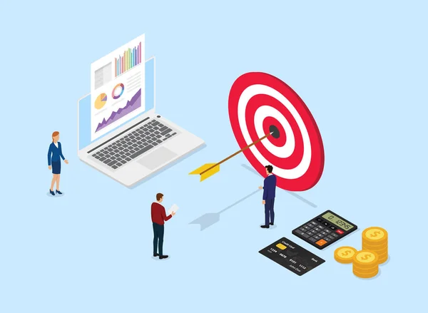 Pénzügyi cél cég nagy DART és a csapat irodai emberek körülötte elemezni adatgrafikon és diagram izometrikus stílus-vektor — Stock Vector