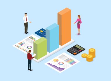 ekip insanlar ile finansal analiz şirket kavramı mavi arka plan ve izometrik tarzı ile grafik ve grafik verileri analiz - vektör