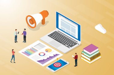 takım pazarlama ve grafik grafik rapor analizi ile reklam veya reklam iş konsepti - isometrik vektör