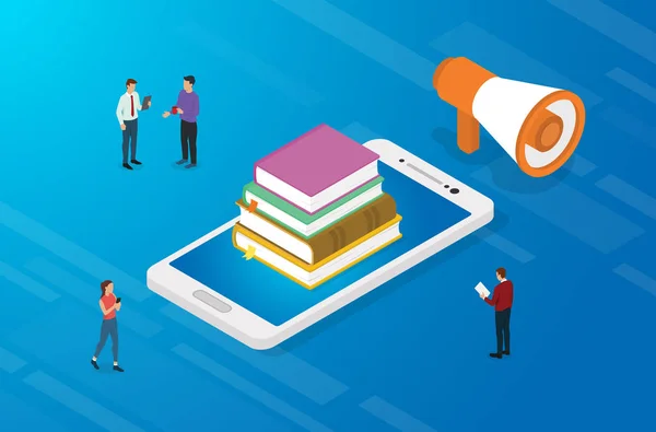 Online educatie concept met boeken en smartphone-apps met team mensen en isometrische platte stijl-vector — Stockvector
