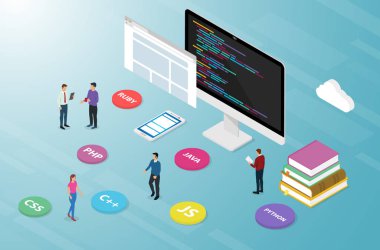 iyometrik modern tarzı ile çeşitli seçenekler simgesi popüler liste dili ile bilgisayar programlama komut dosyası kodu - vektör