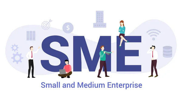 Małe i średnie przedsiębiorstwo MŚP z dużym słowem lub tekstem i osobami z zespołu z nowoczesnym płaskim stylem wektorowym — Wektor stockowy