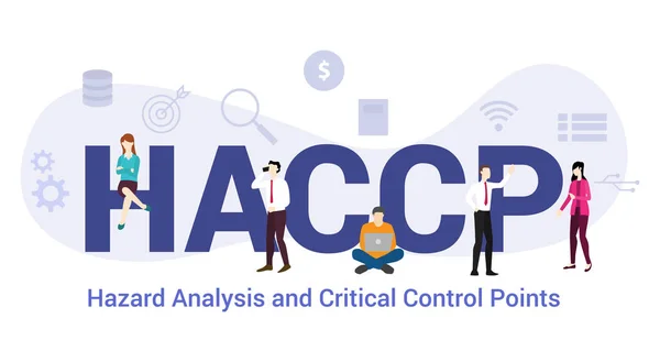 Haccp 위험 분석 및 현대 평면 스타일을 가진 큰 단어 또는 텍스트와 팀 사람들과 임계 제어 포인트 개념 - 벡터 — 스톡 벡터