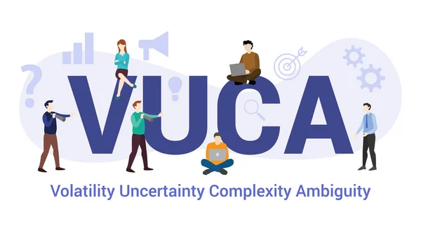 Vuca Volatilität Unsicherheit Komplexität Mehrdeutigkeit Konzept mit großen Wort oder Text und Team Menschen mit modernen flachen Stil - Vektor — Stockvektor