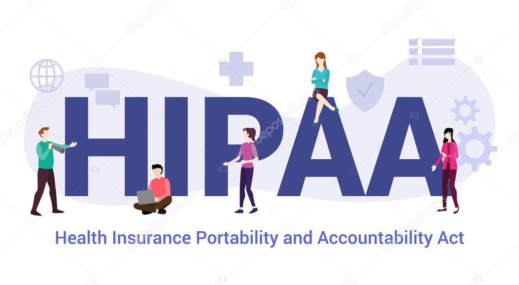 hipaa health insurance portability and accountability act concept with big word or text and team people with modern flat style - vector