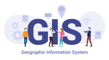 gis coğrafi bilgi sistemi teknolojisi kavramı büyük kelime veya metin ve modern düz tarzı ile takım insanlar - vektör