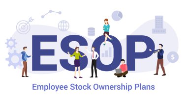 esop çalışan hisse senedi mülkiyet modern düz tarzı ile büyük kelime veya metin ve takım insanlar ile kavram planları - vektör